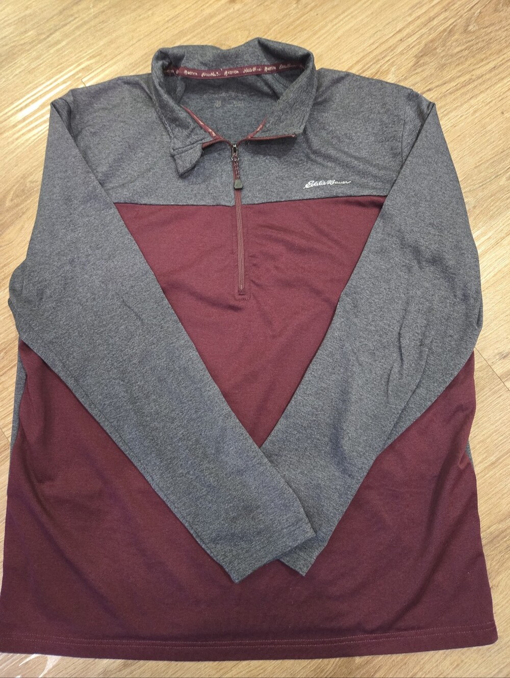 Eddie Bauer Quarter-Zip Pullover in Charcoal & Burgundy Motion FreeDry